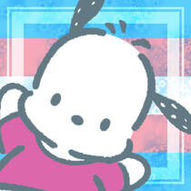 Pochacco from Sanrio on top of the transgender pride flag.